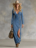 Agape | V-neck Single Button Side Split Denim Long Sleeve Maxi Dress
