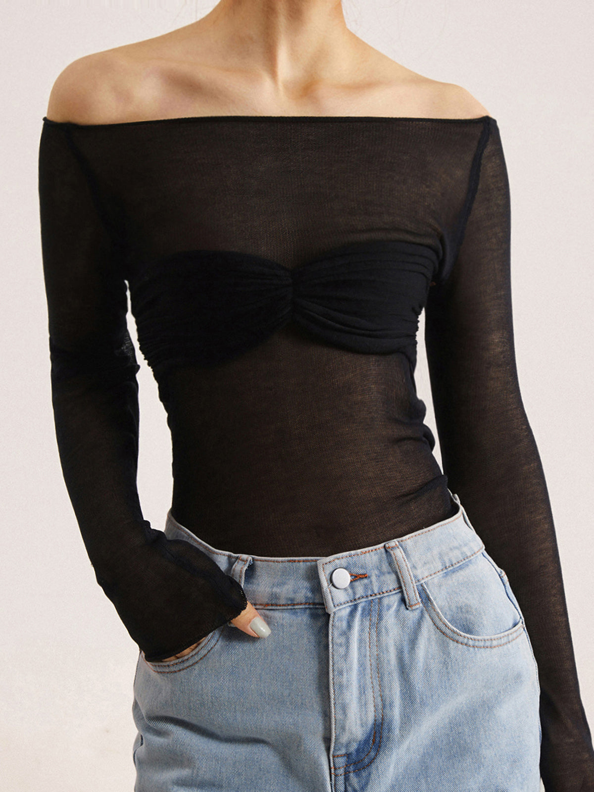 Semi-Sheer Off-Shoulder Mesh Long Sleeve Shirt