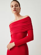 Semi-Sheer Off-Shoulder Mesh Long Sleeve Long Dress