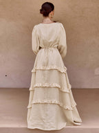 Cotton & Linen Semi-Sheer Ruffle Trim Long Dress
