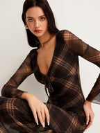 Semi-Sheer Checked Bell-Sleeve Mesh Dress