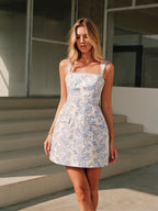 Flora Square-Neck Sleeveless Decor-Pockets Short Dress