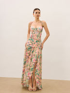 Floral Print Ruched Cami Dress With High Split
