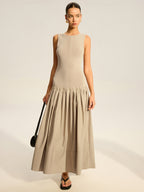 Sleeveless Knit-Top Pleated Midi Dress