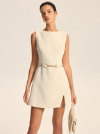 Tweed Slit Mini Dress with Detachable Belt