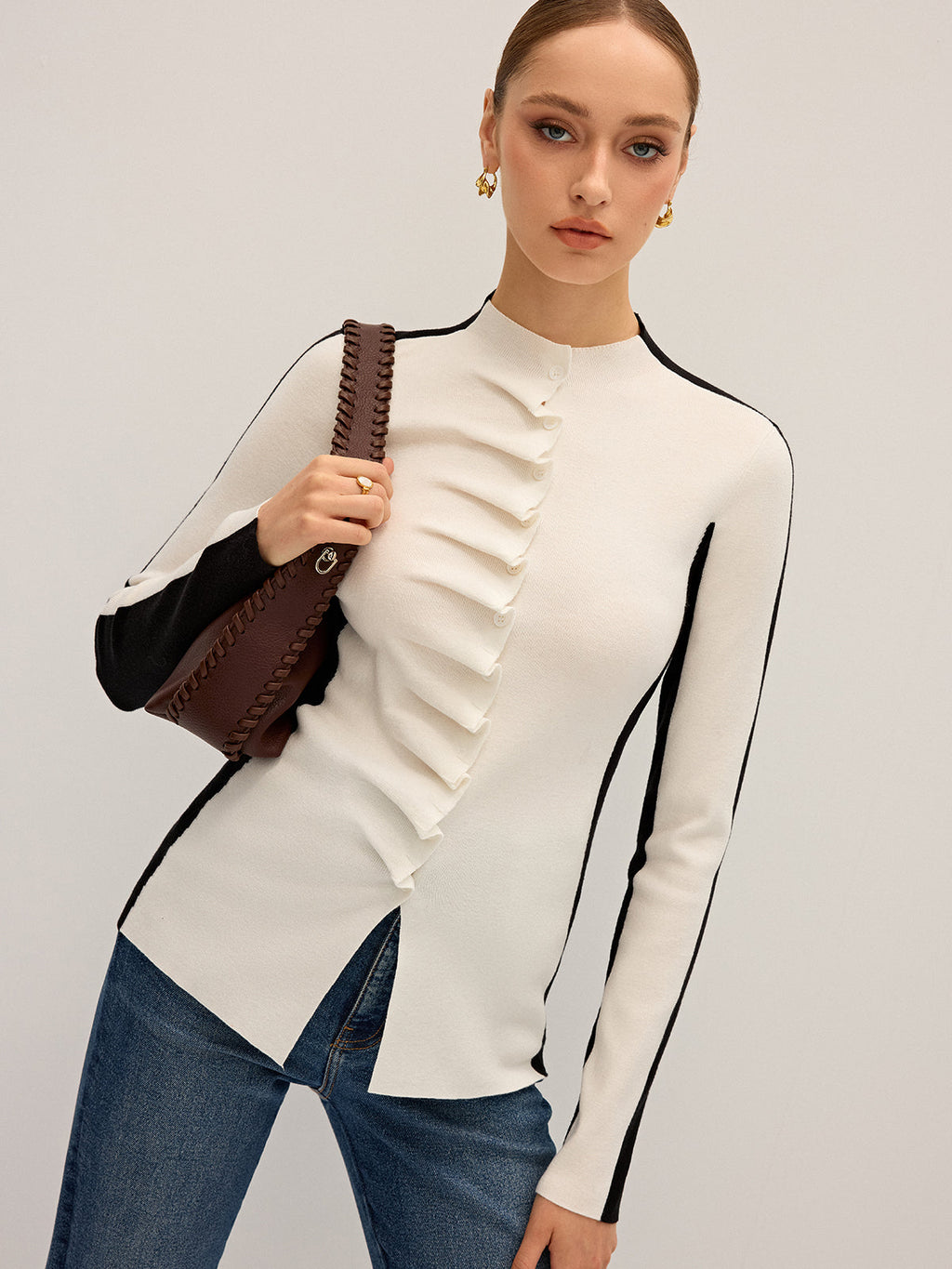 Ruffle Button Fitted Knit Top