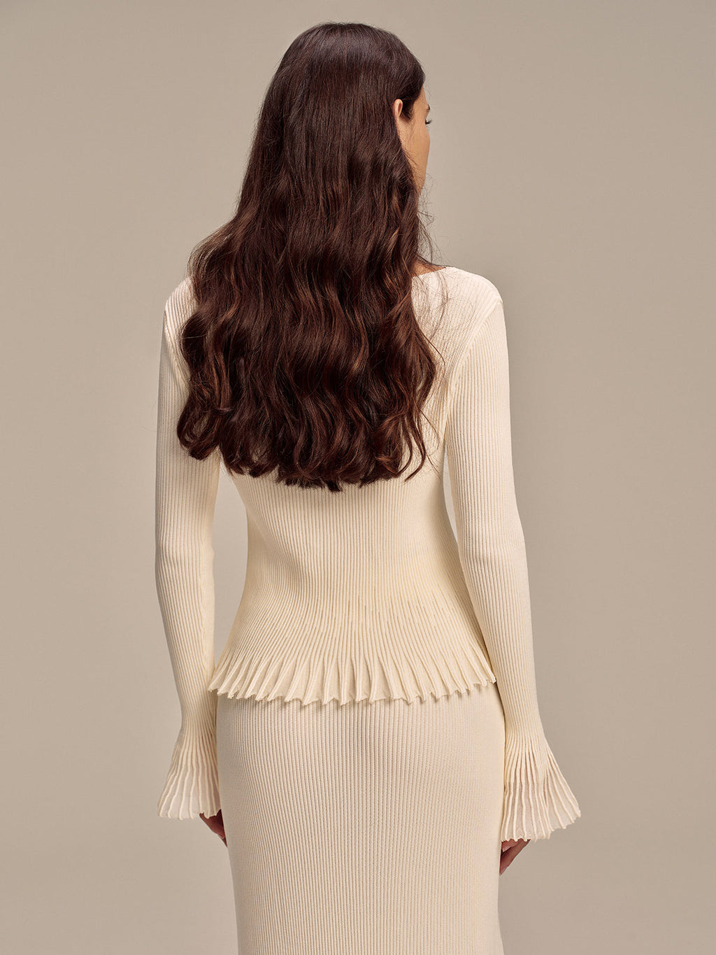Ribbed Knit Mesh Ruffled Hem Bell Sleeve Top