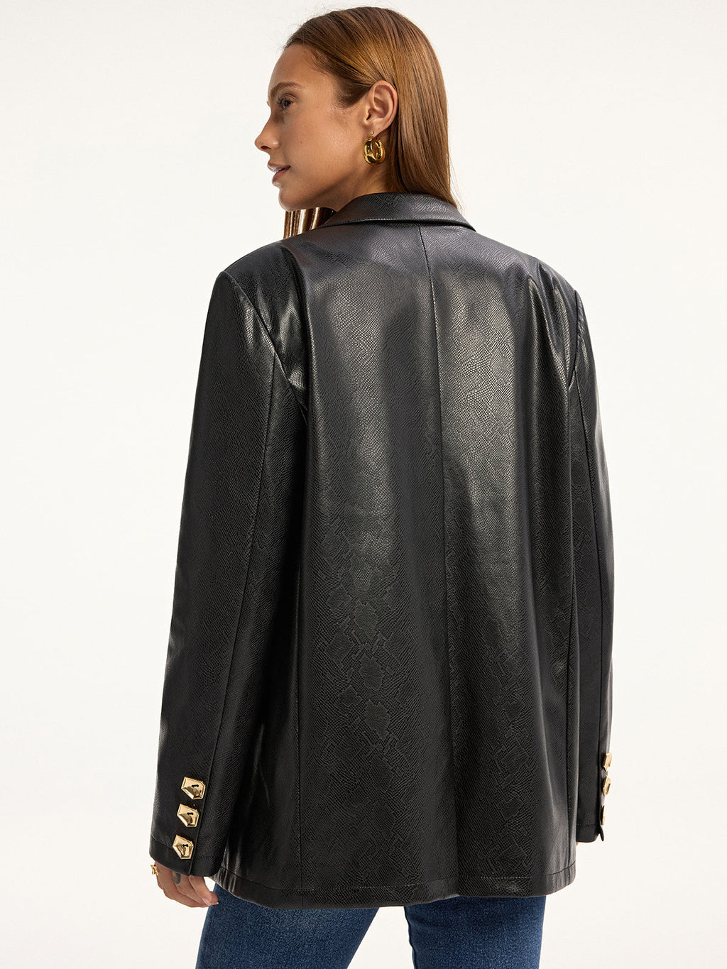 Snake Print Metal Button PU Leather Blazer