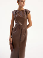 PU Leather Sleeveless Belted Midi Dress