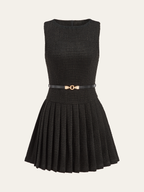 Tweed Sleeveless Pleated Mini Dress with Belt