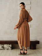 Long-Sleeve Pleated Asymmetric Midi Dress
