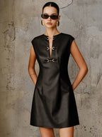 PU Leather Metal Buckle Sleeveless Mini Dress
