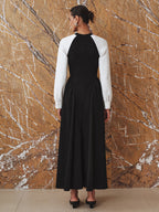 Contrast-Sleeve Pleated Midi Dress