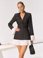 Contrast Pleated Panel Pinstriped Belted Blazer Dress