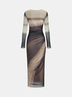 Ombre Long Sleeve Ruched Mesh Maxi Dress