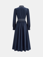 Contrast Trim Belted Pleated Shirt Dress
