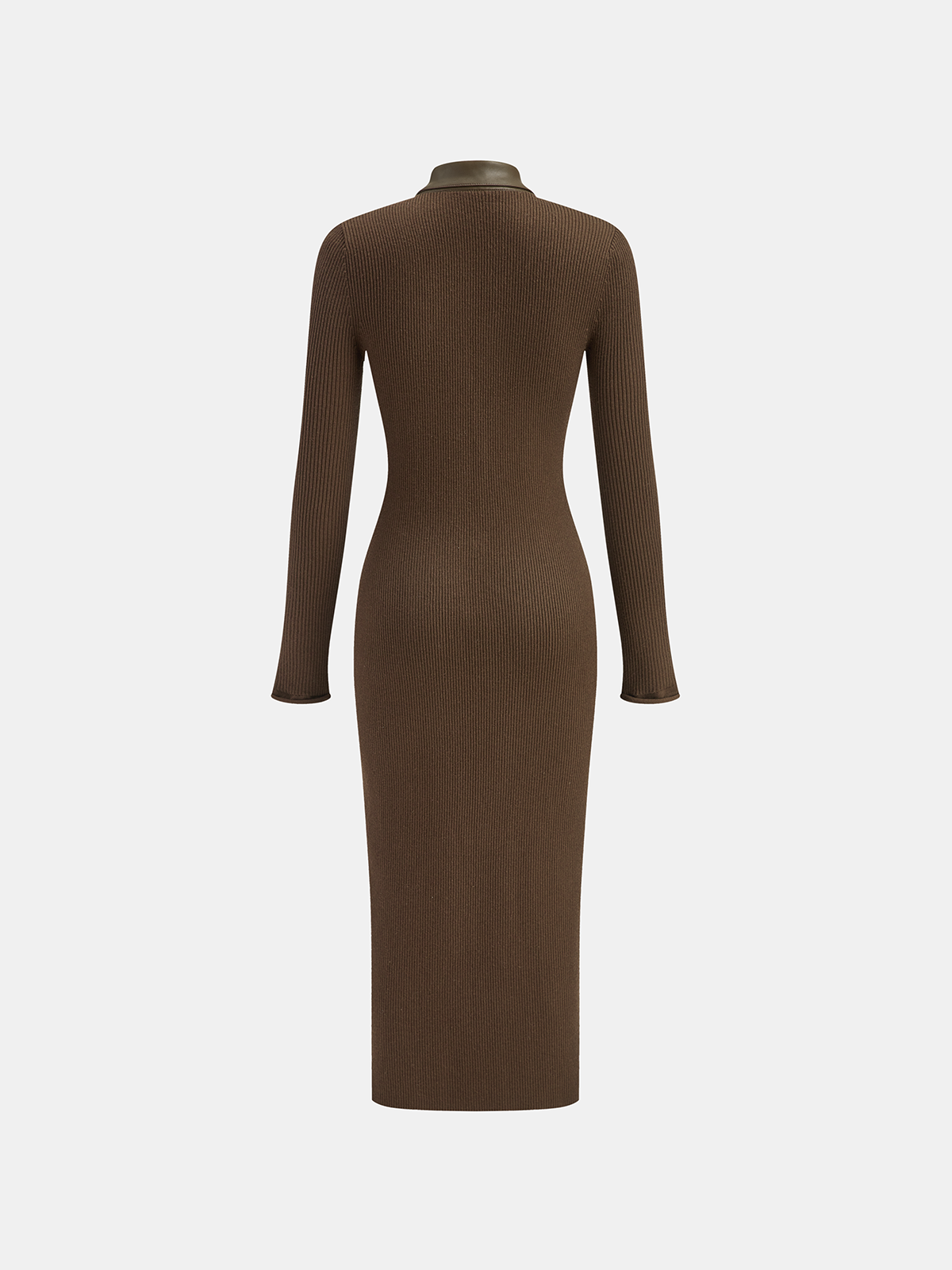 Shirt Collar Faux Leather Panel Ribbed Midi Dress