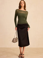 Sheer-Paneled Boat Neck Knit Top