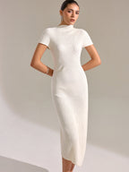 Mock Neck Short Sleeve Asymmetric Hem Maxi Dress