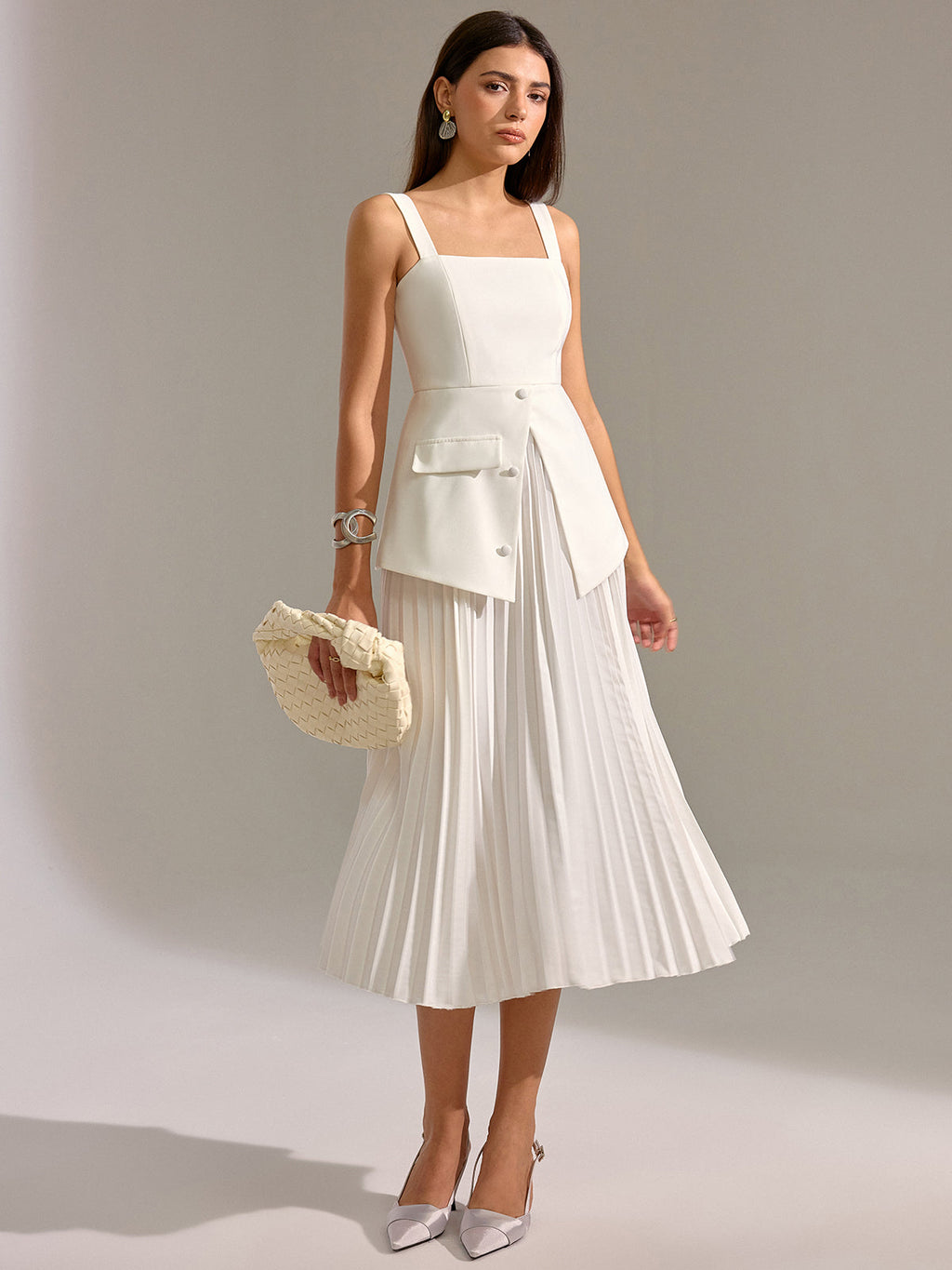 Square Neck Vest Panel Pleated Maxi Dress