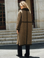 Double-Breasted Fleece Lined Faux Leather Longline Coat