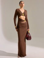 Metal Detail Long Sleeve Cut-Out Maxi Dress