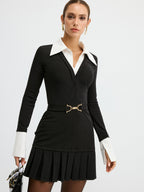 Contrast Shirt Paneled Belted Pleated Mini Dress