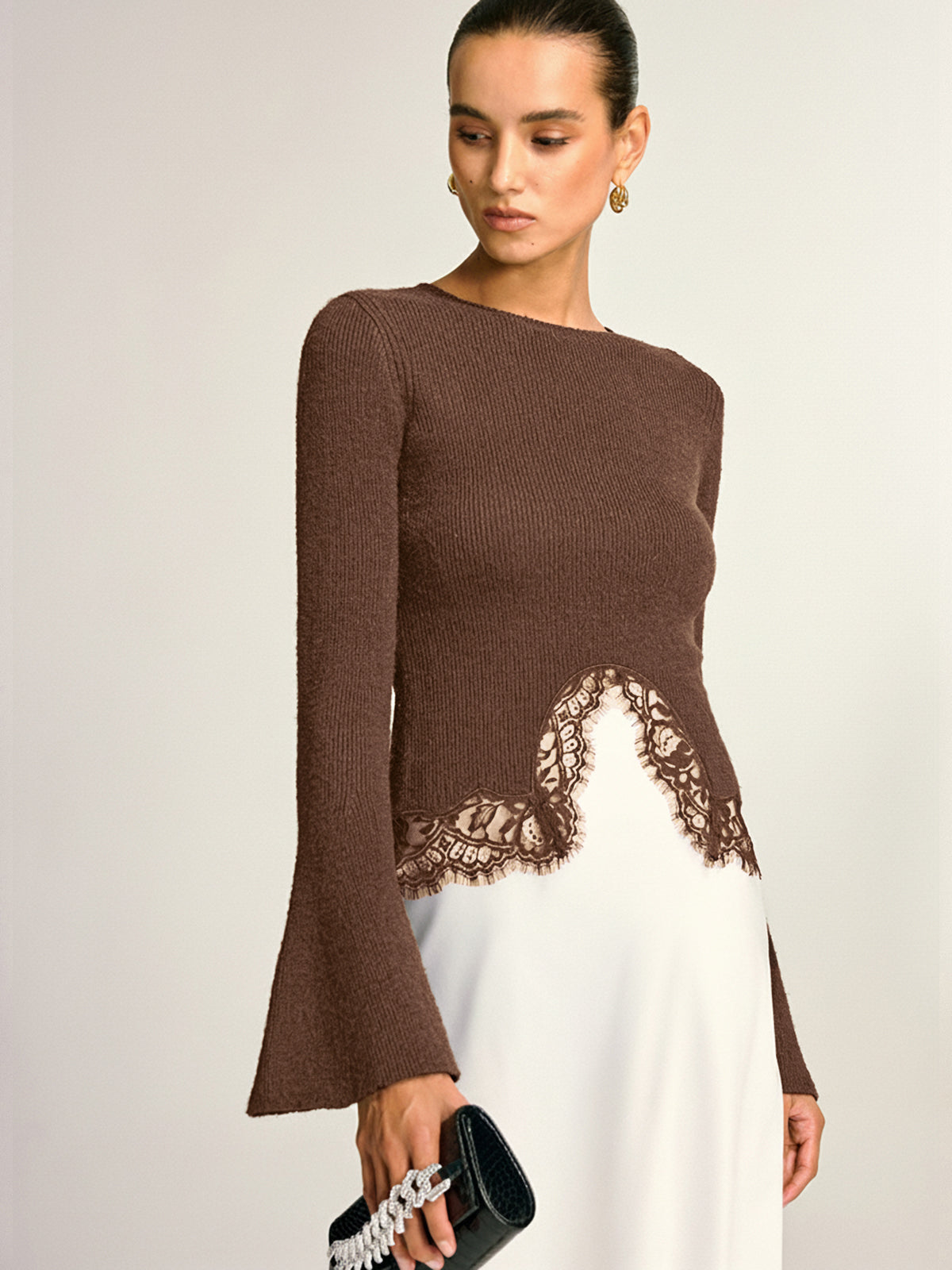 Lace Hem Bell Sleeve Wool Blend Knit Top