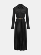Belted Pleated Long Sleeve Shirt Dress