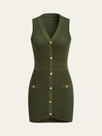 Sleeveless Textured Buttoned Fitted Sweater Dress
