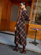 Plaid Mesh Long Sleeve Maxi Dress