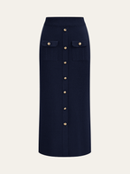 Metal Button Collared Cardigan and Midi Skirt Set