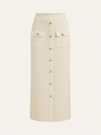 Metal Button Collared Cardigan and Midi Skirt Set