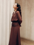 Tie-Neck Ruched Chiffon Maxi Dress