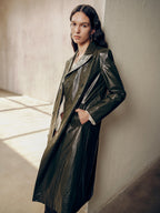 Gradient Double-Breasted Belted PU Leather Coat