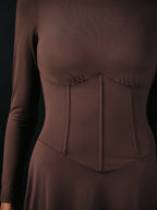 Mock Neck Corset Waist Long Sleeve Maxi Dress