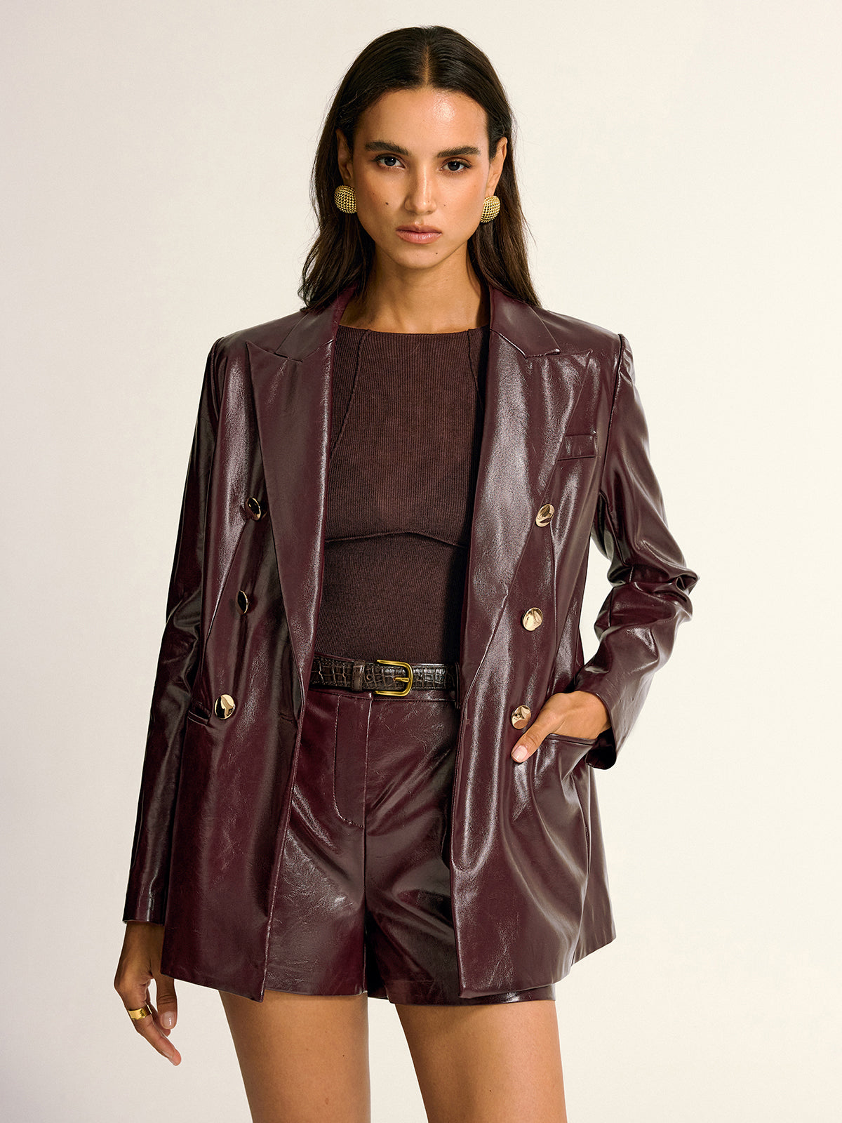 PU Leather Metal Button Lapel Pocket Blazer