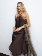 Lace Trim Satin Asymmetric Backless Midi Dress