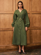 V-Neck Balloon Sleeve Belted Button-Front Dress