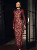 Lace Long Sleeve Fitted Backless Maxi Dress