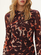 Leopard Print Ruched Mesh Maxi Dress without Belt