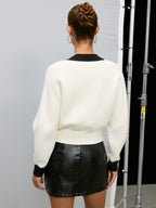 Metal Detail Contrast Trim V-Neck Sweater
