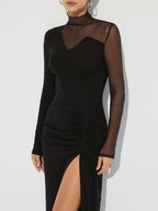 High Slit Ruched Mesh Panel Maxi Dress