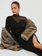 High Slit Ruched Mesh Panel Maxi Dress