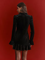 Metal Button Ruffled Hem Velvet Blazer Dress
