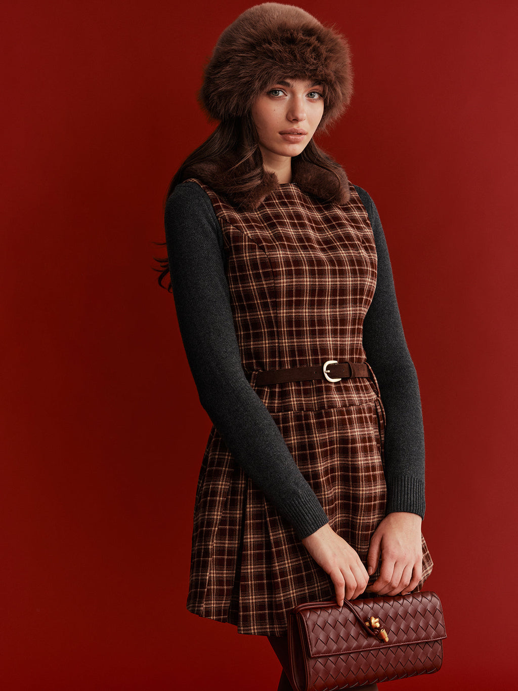 Belted Plaid Sleeveless Mini Dress