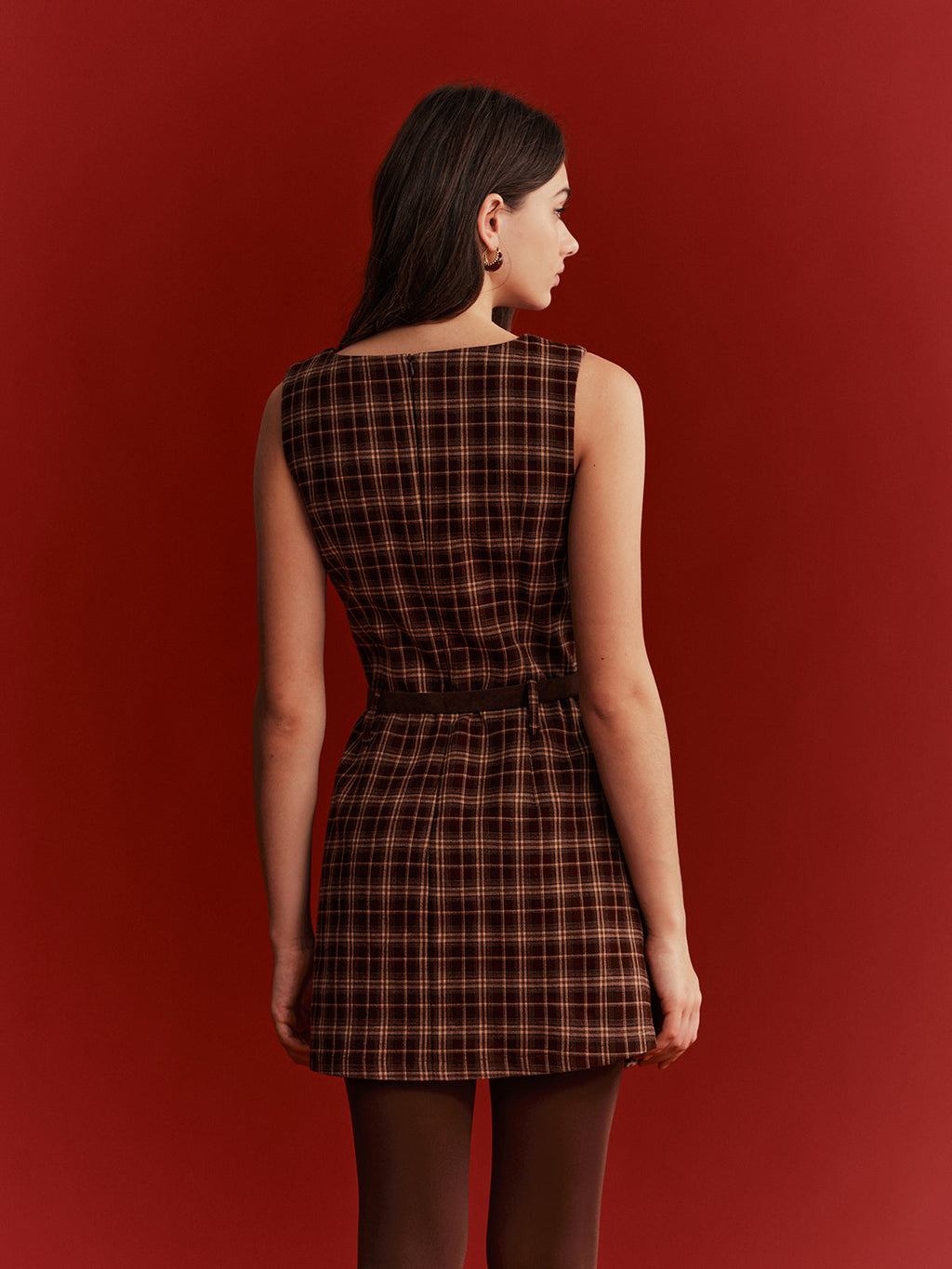 Belted Plaid Sleeveless Mini Dress
