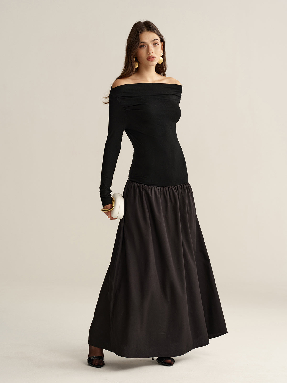 Off-Shoulder Long-Sleeve Maxi Dress