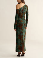 Floral Jacquard One-Shoulder Maxi Dress