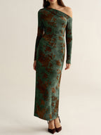 Floral Jacquard One-Shoulder Maxi Dress